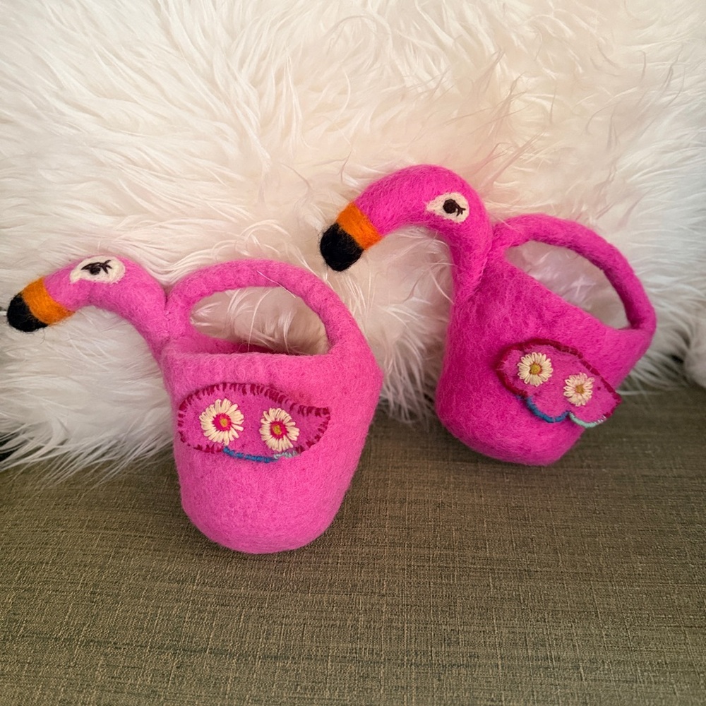 Pottery Barn Kids Wool Flamingo Treat Bags Set of 2 Pink Felt Halloween Easter